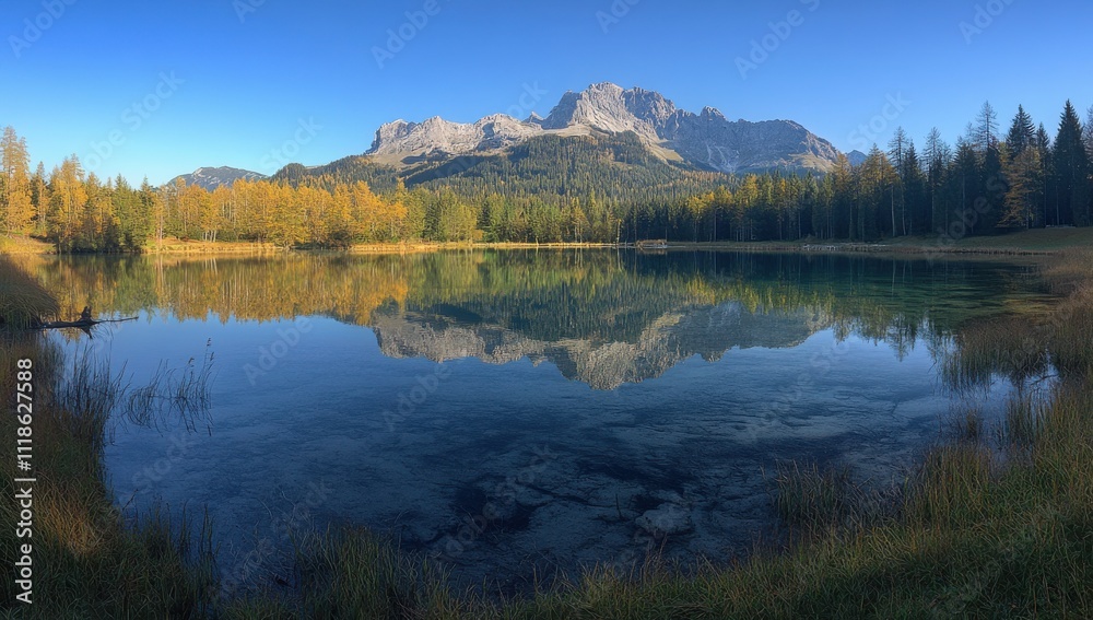 Serene Autumn Landscape Featuring a Crystal-Clear Lake and Majestic Mountains Reflected Under a Bright Blue Sky in the Dolomites Region of Italy Serene Autumn Landscape Featuring a Crystal-Clear Lake and Majestic Mountains Reflected Under a Bright Blue Sky in the Dolomites Region of Italy