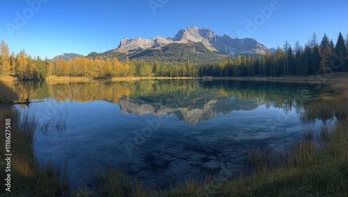 Serene Autumn Landscape Featuring a Crystal-Clear Lake and Majestic Mountains Reflected Under a Bright Blue Sky in the Dolomites Region of Italy
