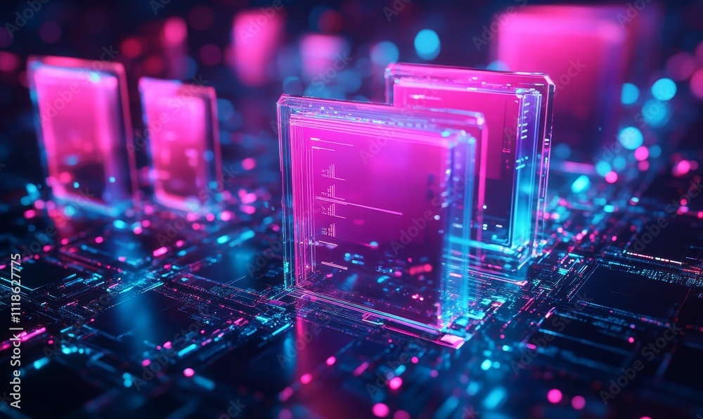 Fototapeta premium Neon-lit glass blocks on glowing circuit board.