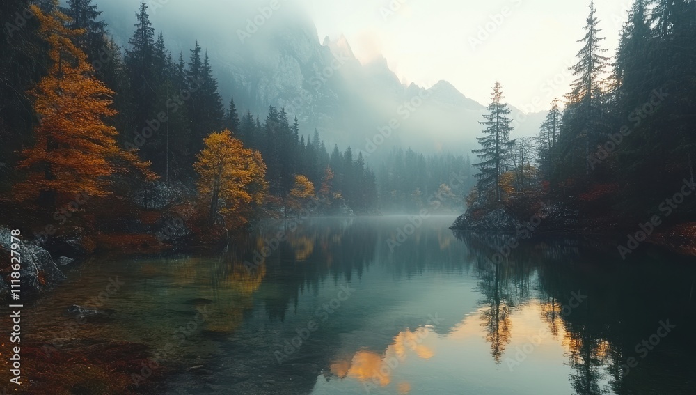 Naklejka premium Serene Autumn Reflection in Misty Lake Surrounded by Evergreen Forest and Majestic Mountains at Dawn, Capturing Nature's Tranquility and Beauty