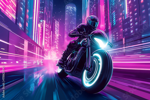 A futuristic motorcycle racing through a neon-lit cityscape at night. photo