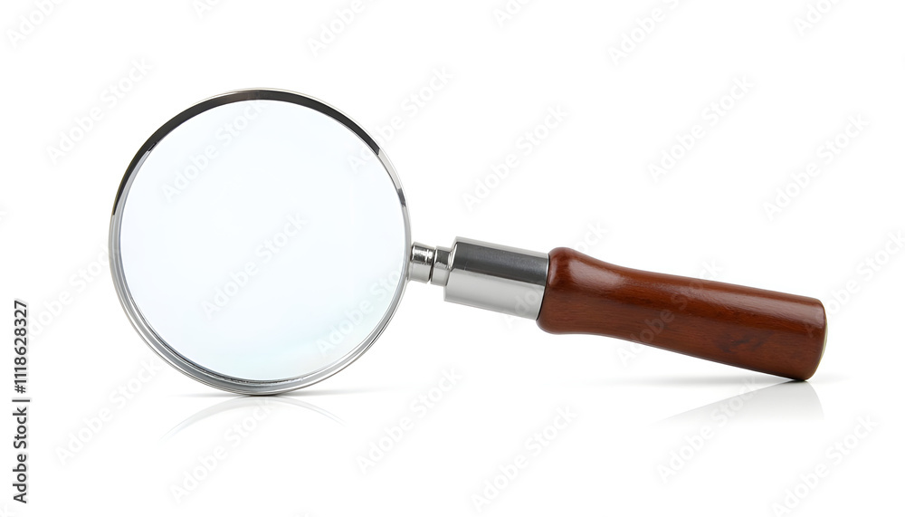 Magnifying Glass with Polished Wooden Handle, Isolated on White Background Magnifying Glass with Polished Wooden Handle, Isolated on White Background