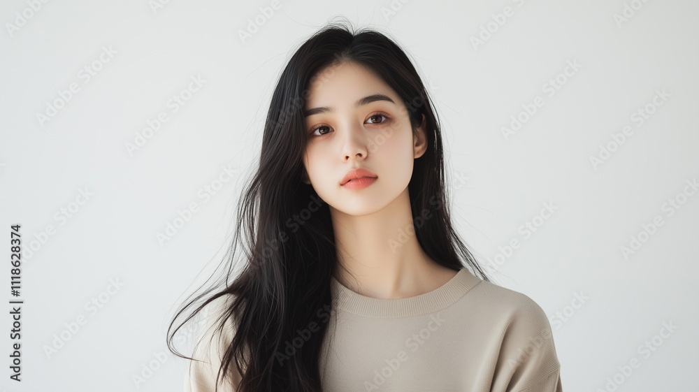 woman with long black hair poses in minimalist beige outfit against plain background, exuding elegance and simplicity woman with long black hair poses in minimalist beige outfit against plain background, exuding elegance and simplicity