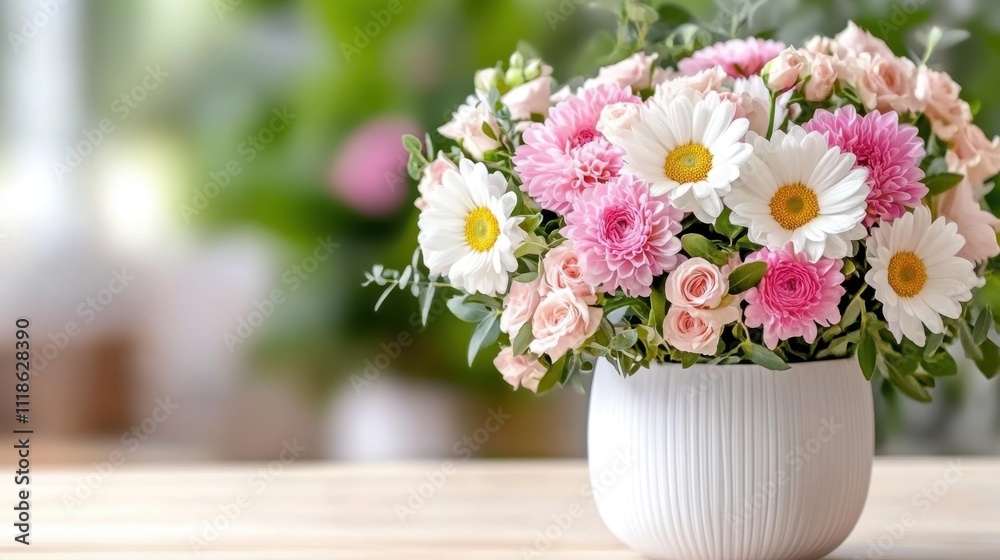 Beautiful bouquet of flowers in a white vase, with a blurred background of greenery Beautiful bouquet of flowers in a white vase, with a blurred background of greenery