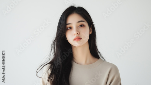 woman with long black hair poses in minimalist beige outfit against plain background, exuding elegance and simplicity