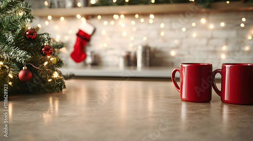 Fototapeta Naklejka Na Ścianę i Meble -  A Christmas-themed coffee station with holiday mugs and cocoa