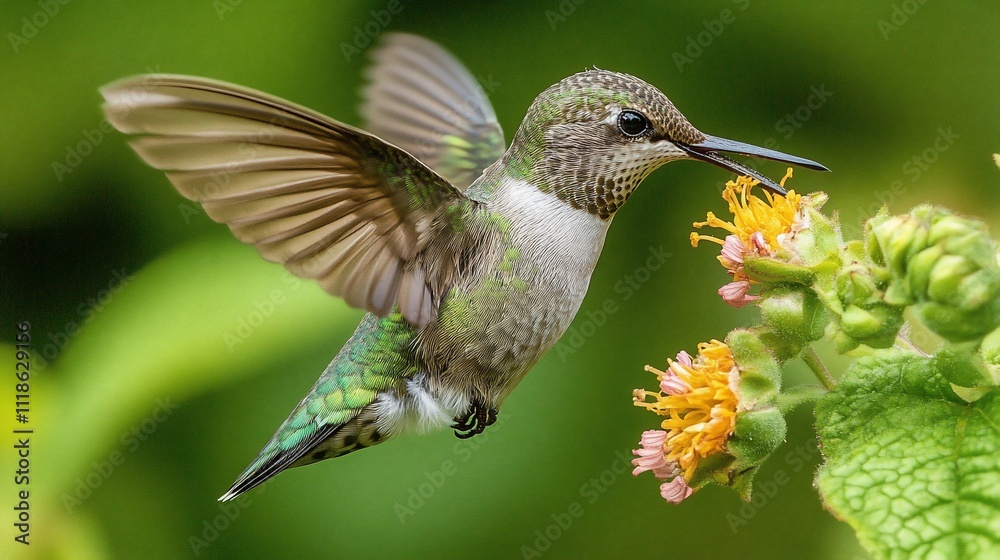 Fototapeta premium Hummingbird in flight feeding on orange flower.