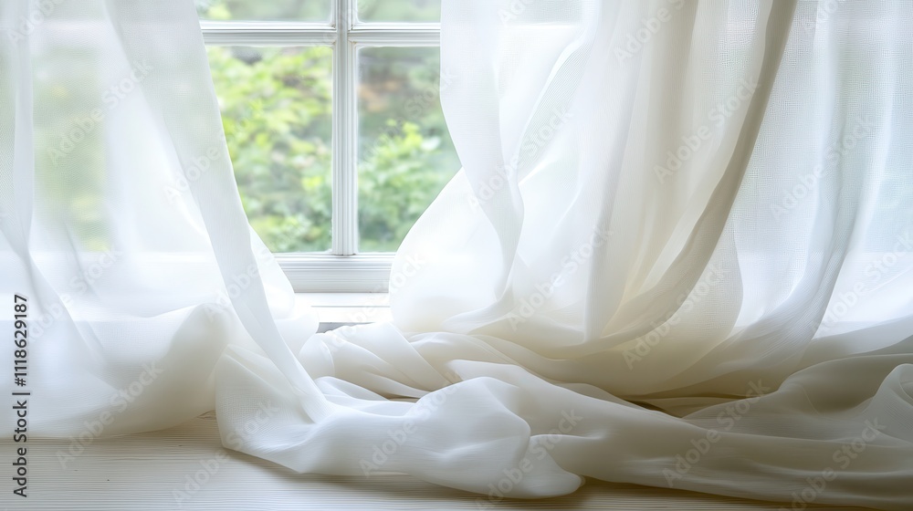 White sheer curtains billowing gently at a window, soft light streaming through.