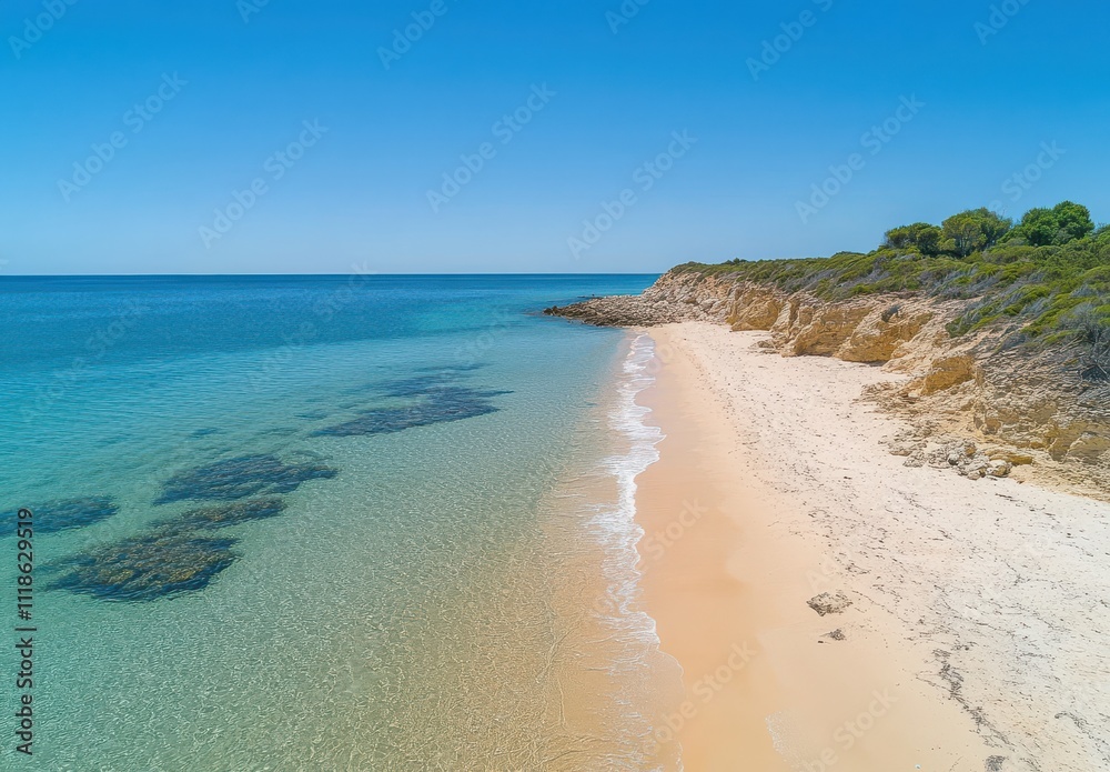 Serene Coastal Landscape with Clear Turquoise Water and Golden Sandy Shoreline under a Bright Blue Sky on a Peaceful Summer Day Serene Coastal Landscape with Clear Turquoise Water and Golden Sandy Shoreline under a Bright Blue Sky on a Peaceful Summer Day