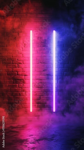 Neon Glow on Brick Wall: Two vibrant neon lights, one pink and one blue, cast an ethereal glow against a dark brick wall, shrouded in atmospheric smoke. photo