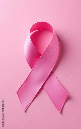 A pink ribbon on a plain pink background represents breast cancer awareness, hope, and support for many people worldwide together._00001_