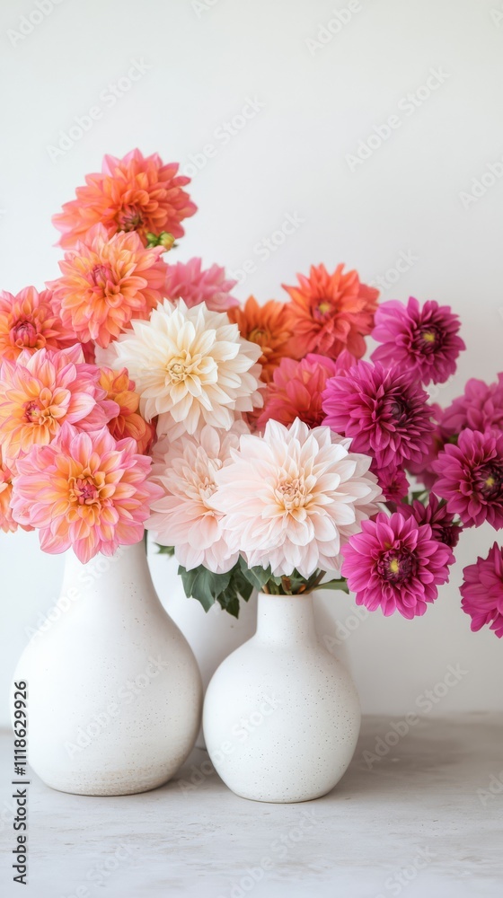 Dahlia Delight: A vibrant arrangement of multicolored dahlias in elegant white vases. A captivating display of autumnal blooms. Dahlia Delight: A vibrant arrangement of multicolored dahlias in elegant white vases. A captivating display of autumnal blooms.