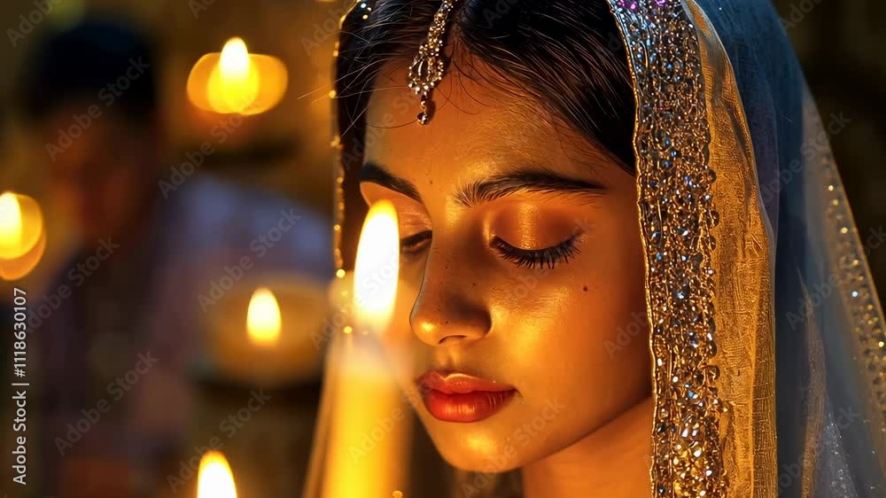 A young South Asian woman dressed in traditional attire meditates beside flickering candles. Her expression conveys serenity, reflecting a moment of personal reflection or prayer during a cultural