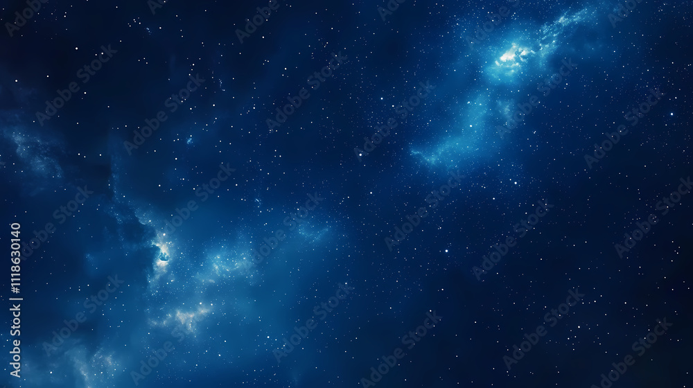 Fototapeta premium Astro photography of the milky way galaxy against a blue night sky, featuring a spiral galaxy in the picture, with visible noise in the copy space image. Stellar. Illustration