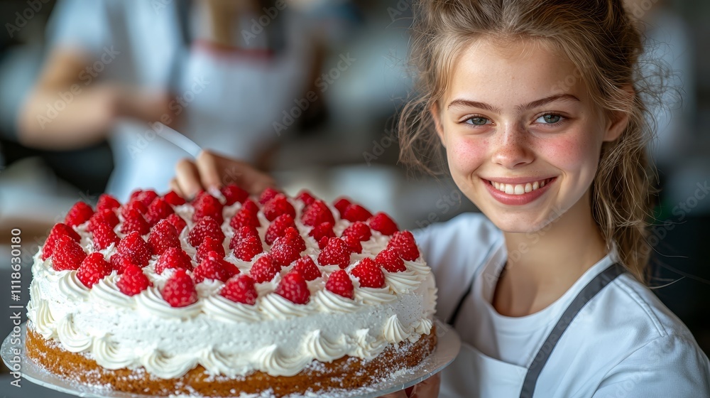 A woman holding a cake with strawberries on it A woman holding a cake with strawberries on it