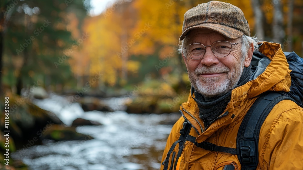 Obraz premium A man wearing a hat and jacket standing in front of a stream