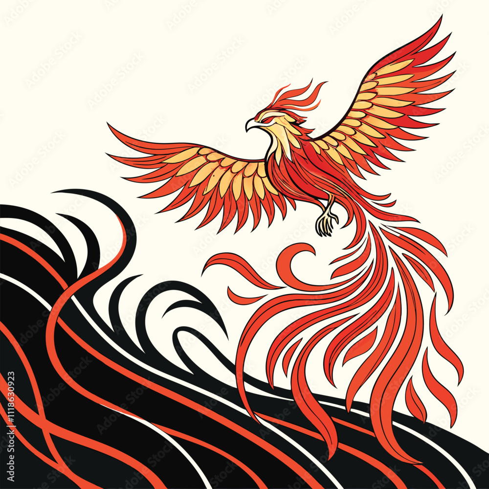 Fototapeta premium A stylized phoenix rising with flames transforming into abstract waves