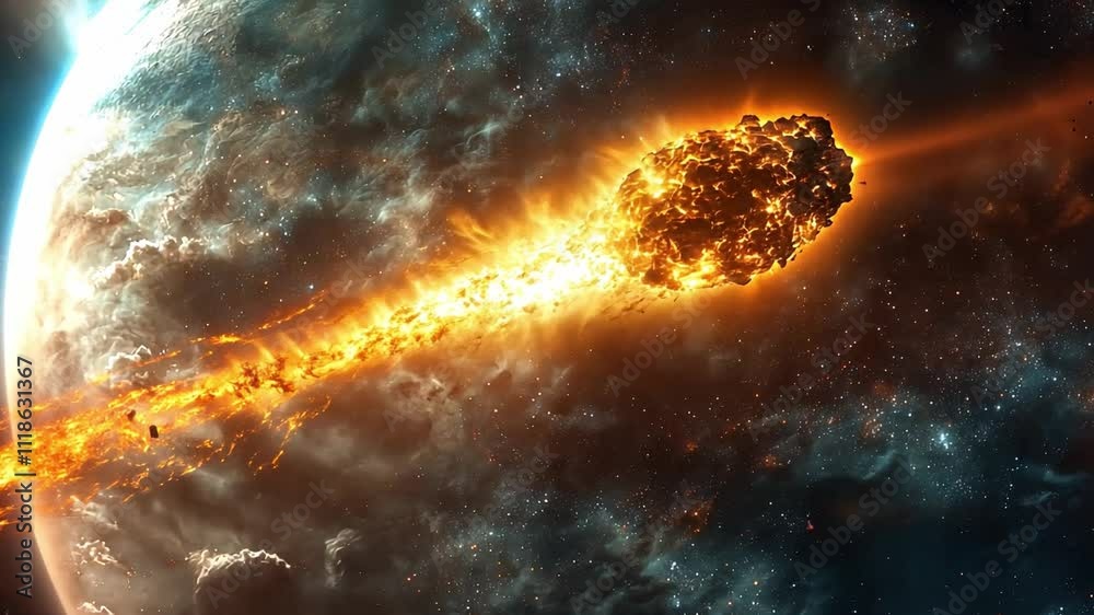 Epic asteroid approaching a vibrant planet in deep space captured in stunning 4k resolution