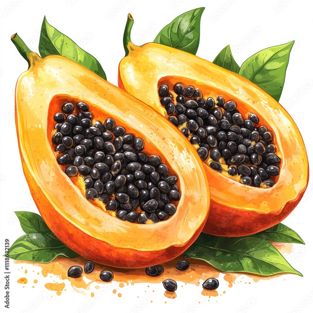 A vibrant illustration of a halved papaya with seeds and green leaves. A vibrant illustration of a halved papaya with seeds and green leaves.