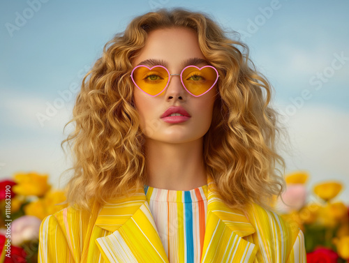 A close-up of a supermodel with voluminous curly hair and heart-shaped sunglasses in a yellow-striped blazer. Vibrant fashion portrait with playful summer vibes.