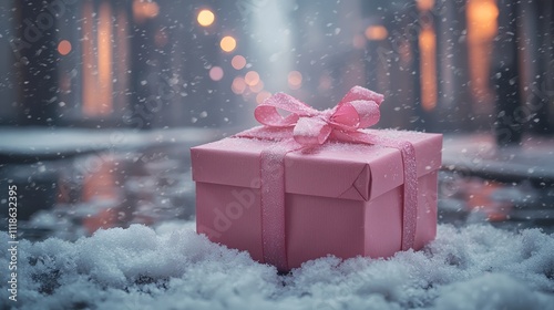 A pink gift box with a pink bow sitting in the snow