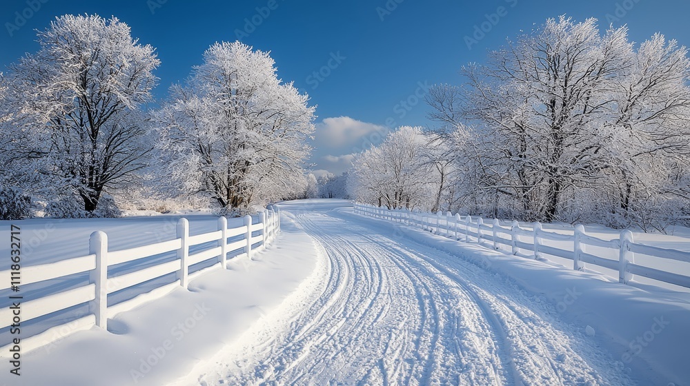 Obraz premium A snow covered road with a white fence and trees