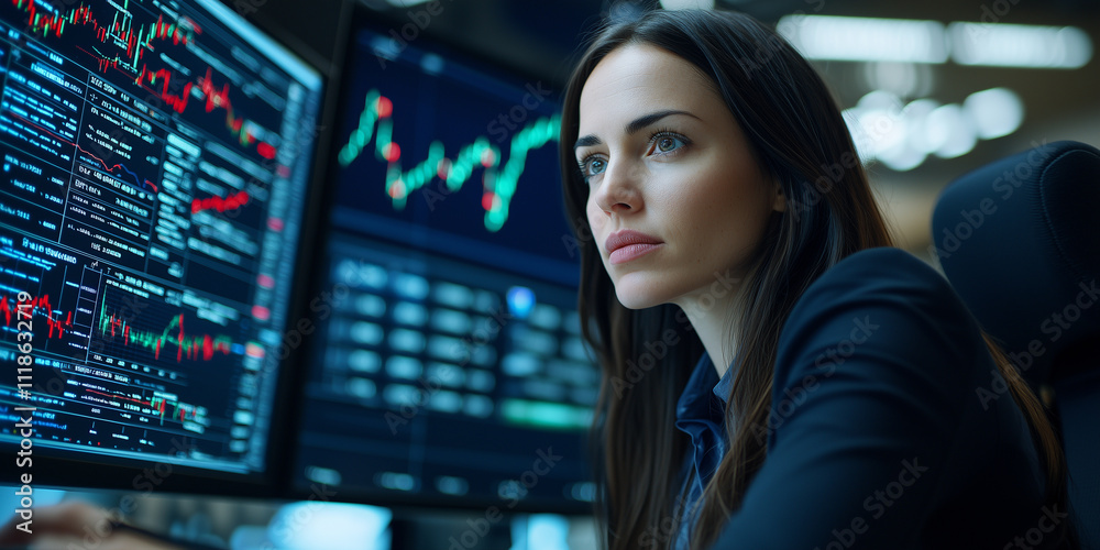 focused businesswoman analyzing financial data on multiple computer screens in modern office environment focused businesswoman analyzing financial data on multiple computer screens in modern office environment