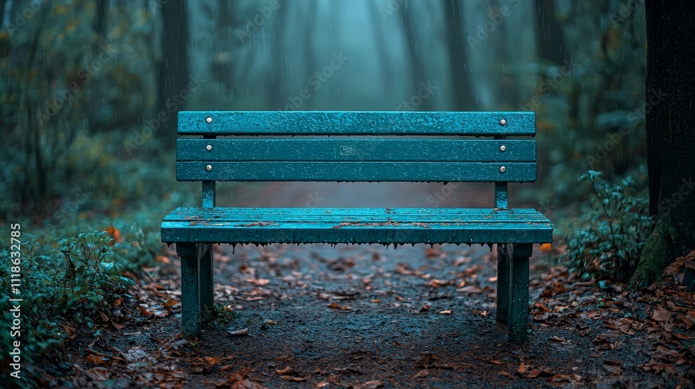 A blue bench sitting in the middle of a forest A blue bench sitting in the middle of a forest