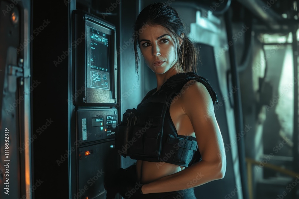 Woman in vest near control panel, futuristic setting.