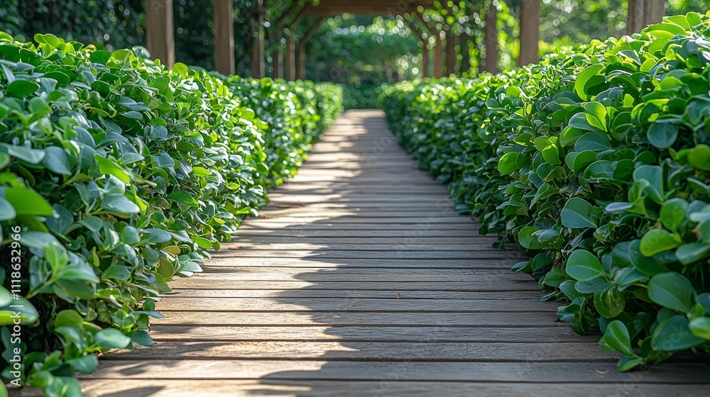A wooden walkway surrounded by green bushes in a park A wooden walkway surrounded by green bushes in a park