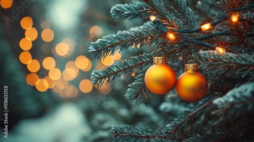 A close up of two orange ornaments hanging from a Christmas tree