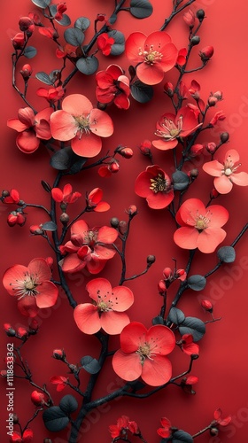 Crimson Bloom: A captivating vertical image showcasing meticulously arranged red flowers against a rich crimson backdrop.  The blossoms, possibly papercrafted. photo