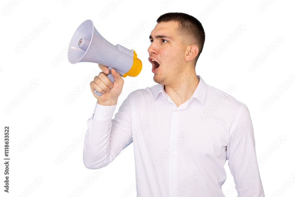 Young man holding a megaphone, ready to speak Young man holding a megaphone, ready to speak
