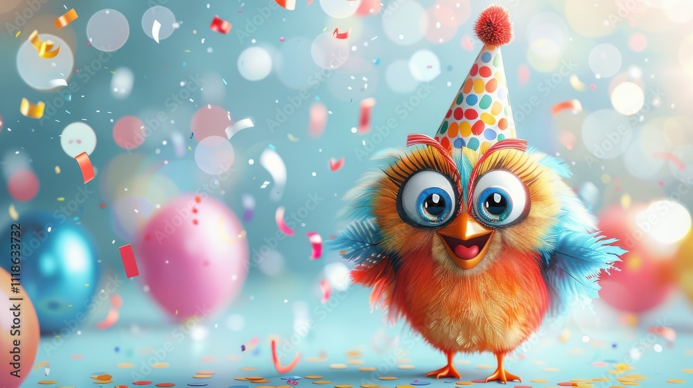 Obraz premium Cartoon bird face with a birthday hat, party background with confetti