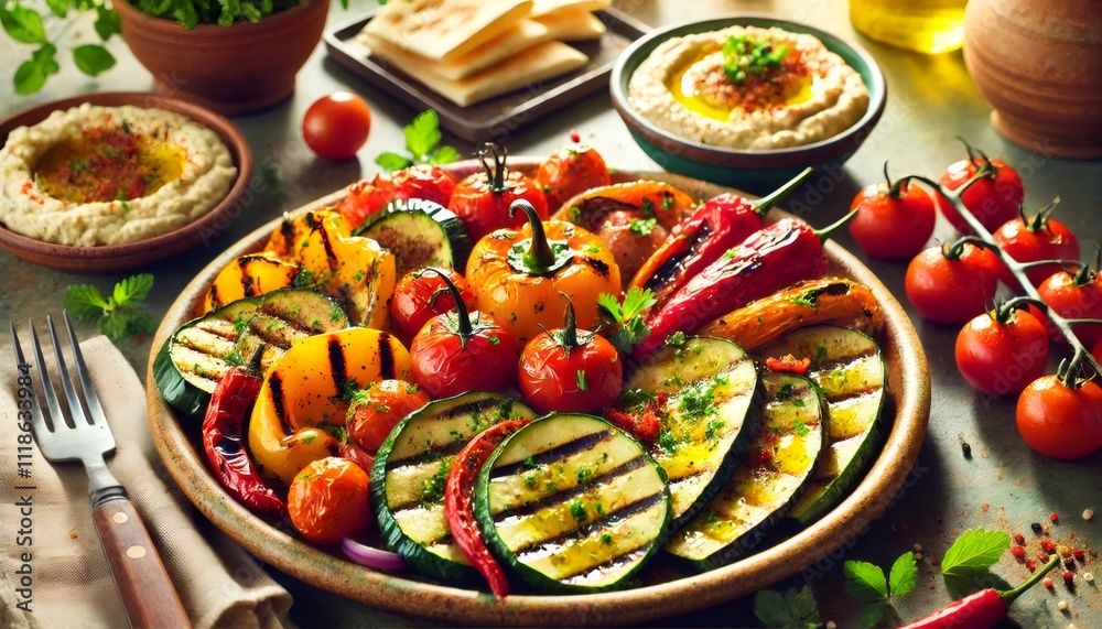 Grilled vegetables on a plate, enjoying a healthy vegetarian barbecue with hummus Grilled vegetables on a plate, enjoying a healthy vegetarian barbecue with hummus