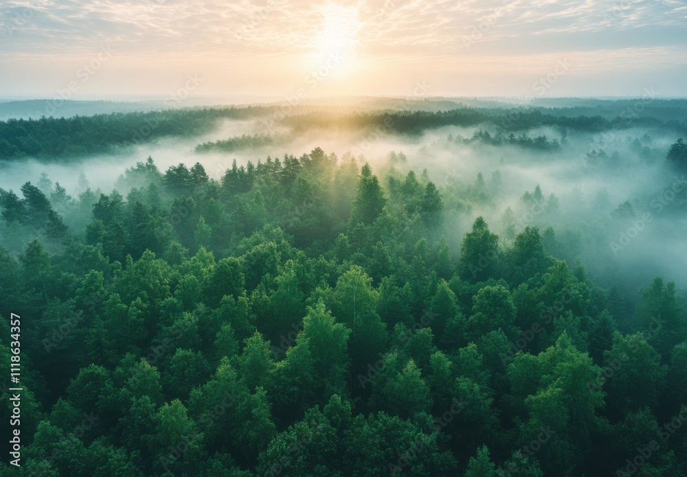 Serene Morning Landscape with Mist Floating Over Lush Green Forests and a Majestic Sunrise Lighting the Sky in a Calm Natural Setting Serene Morning Landscape with Mist Floating Over Lush Green Forests and a Majestic Sunrise Lighting the Sky in a Calm Natural Setting