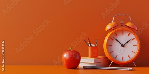 Back to School: Orange Theme Still Life with Alarm Clock, Apple, and Books
