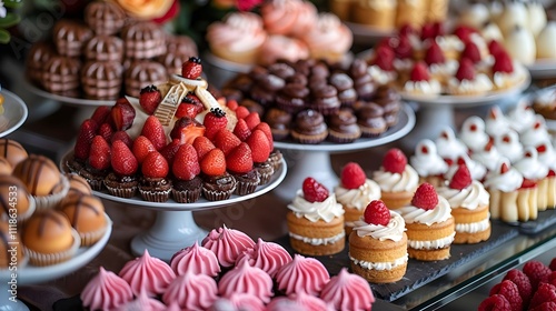 An Exquisite Display of Assorted Gourmet Desserts Elegantly Arranged on Stylish Stands Perfect for High-End Events, Celebrations, or Catering Services with a Focus on Visual Appeal and Taste