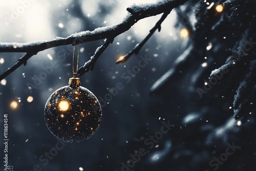 close-up photo of beautifully decorated new year tree branch with sparkling ornaments and golden lights