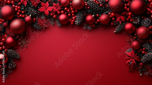 a red christmas background with red ornaments and pine cones