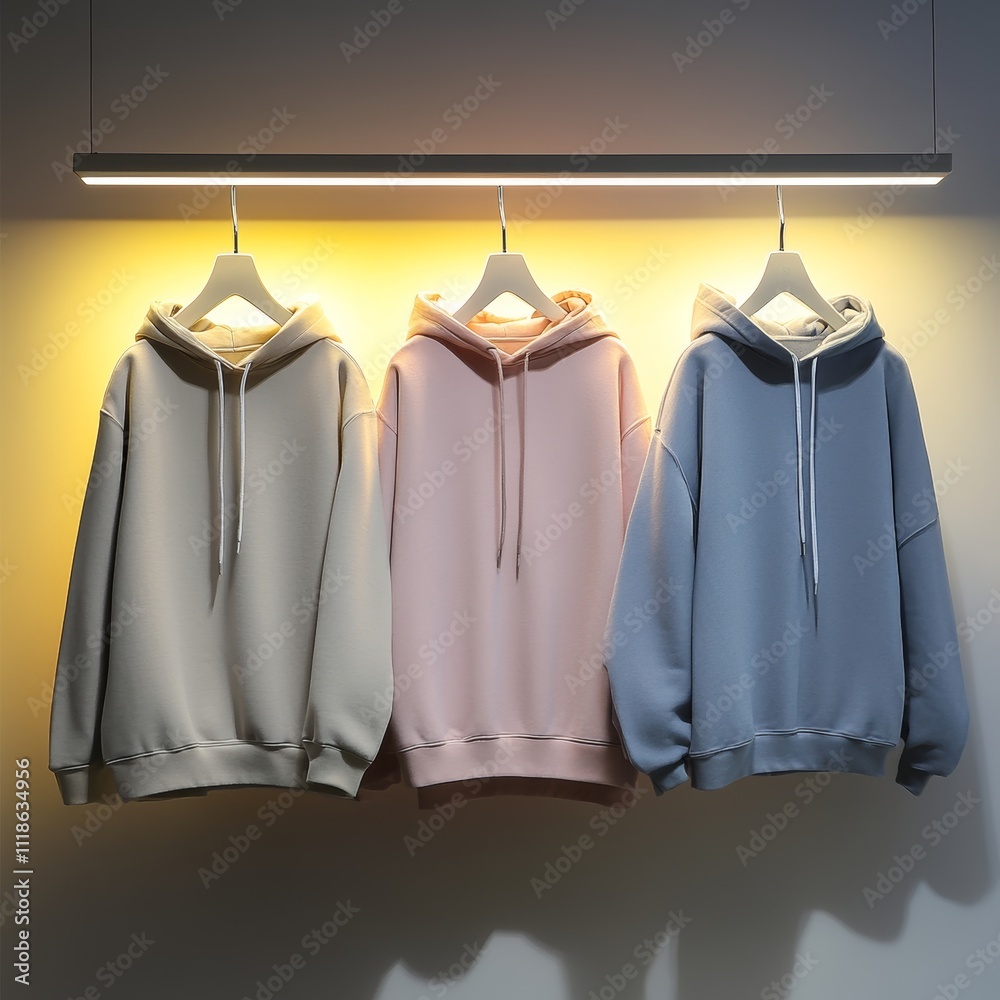 Modern hoodies hanging on light wall Modern hoodies hanging on light wall
