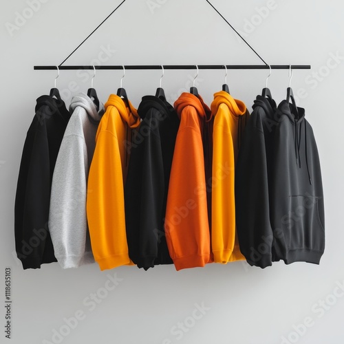 Modern hoodies hanging on light wall 