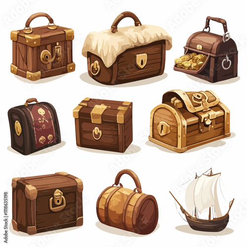 Piratic Chests and Sack With Treasures Vector Set photo