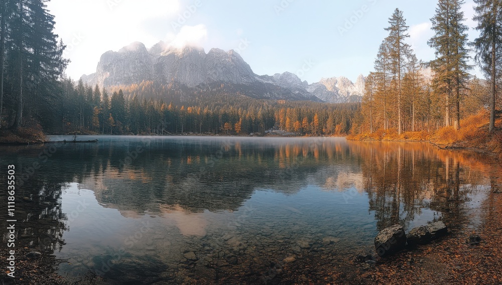 Fototapeta premium Serene Mountain Lake with Reflection of Pine Trees and Majestic Peaks Under Blue Sky in Autumn Colors