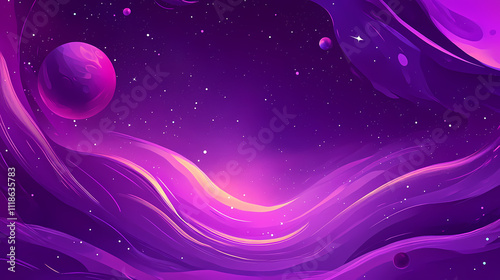 A purple abstract background with a glowing milky way galaxy and planets. Stellar. Illustration photo