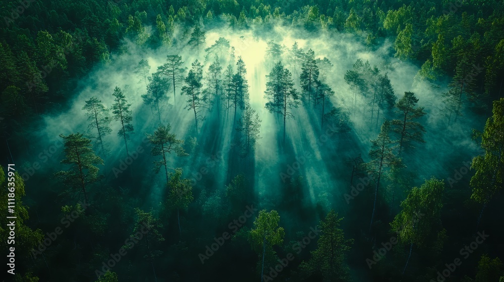 Obraz premium A forest filled with lots of green trees covered in fog