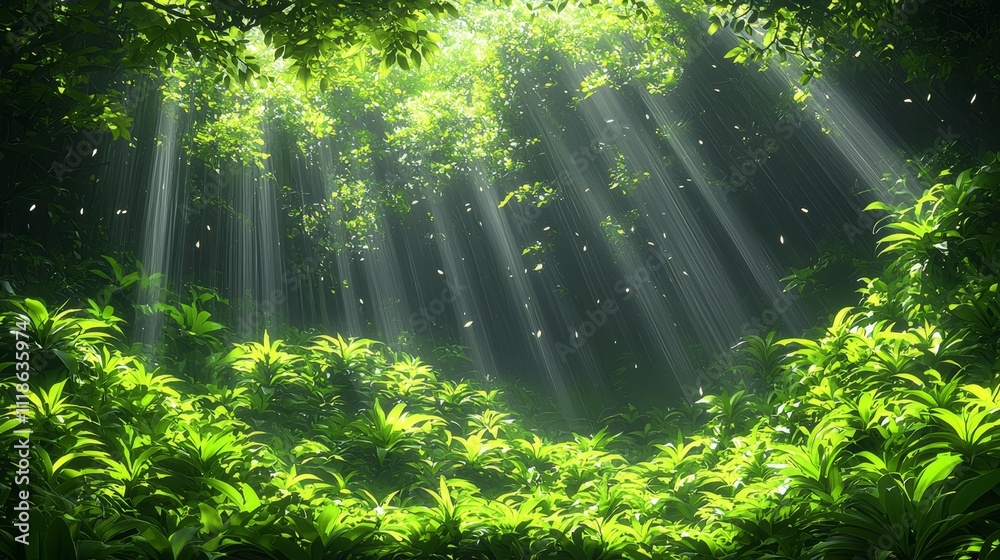 Obraz premium A green forest with sunlight shining through the trees