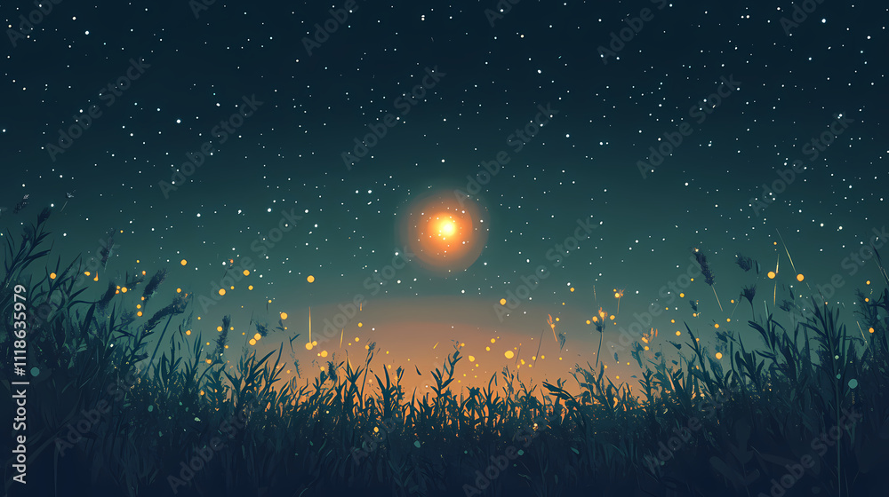 A single, bright star shines in the center of the image, surrounded by a field of smaller, twinkling stars against a dark night sky. Stellar. Illustration