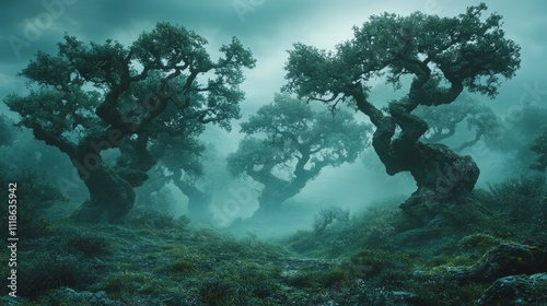 A group of trees in the middle of a foggy forest