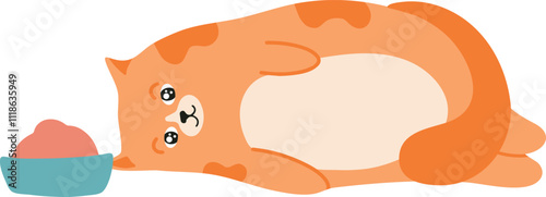 Cartoon illustration featuring an adorable, chubby ginger cat lounging on its side next to a bowl filled with pink food, radiating contentment and satisfaction after mealtime